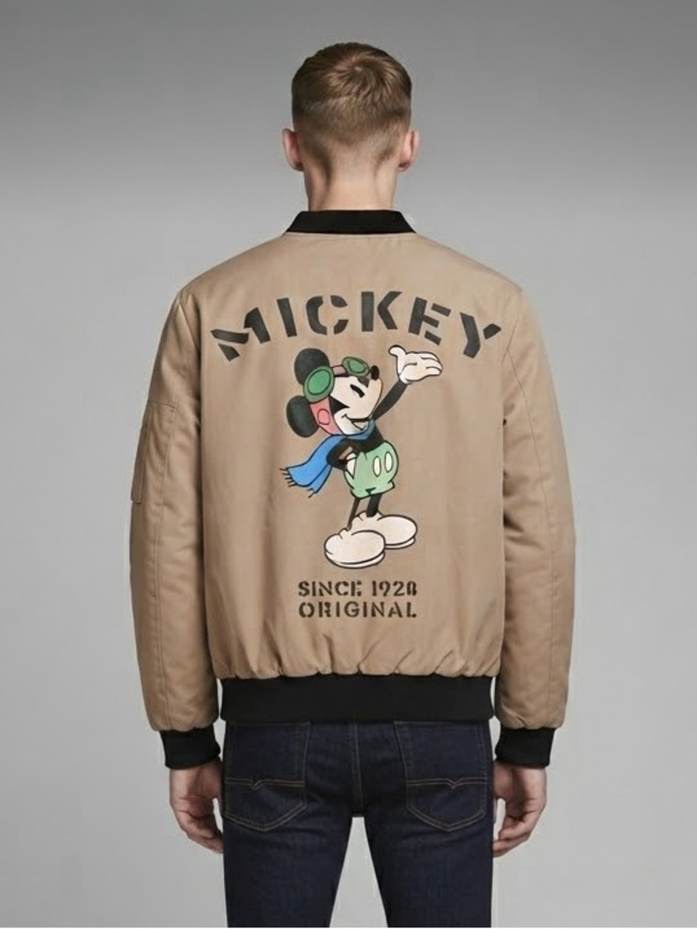Al Dal Kong Mickey Mouse Aviator Bomber Jacket Khaki Tan Pilot Zip Up S/M